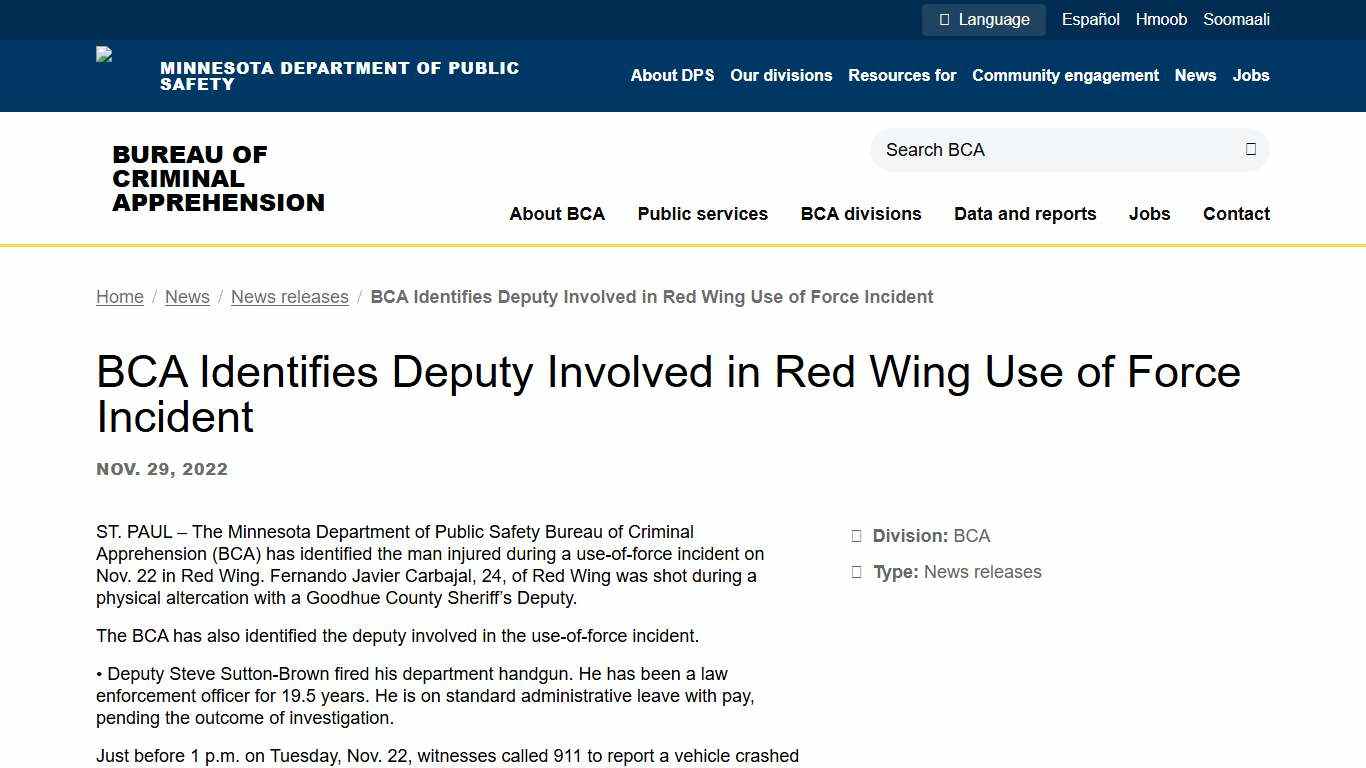 BCA Identifies Deputy Involved in Red Wing Use of Force Incident Minnesota Department of Public Safety